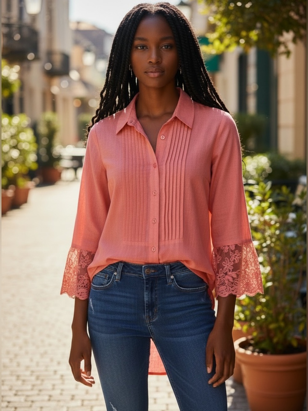 Soft Surroundings Coral Notched Collar Button Down Blouse Lace Detail